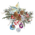 Watercolor Christmas natural bouquet of fir branches, star, pine cones, vintage botanical greeting card