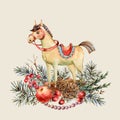 Watercolor Christmas natural greeting card of wooden horse, fir branches, red apple, berries, pine cones