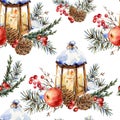 Watercolor Christmas natural seamless pattern of fir branches, red apple, berries, pine cones, lantern, vintage texture on white