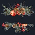 Watercolor Christmas natural template of fir branches, red apple, berries, pine cones, vintage botanical greeting card