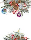 Watercolor Christmas natural template of fir branches, star, pearl beads, pine cones, vintage botanical greeting card