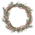 Watercolor Christmas natural wreath of fir branches, Christmas decoration, star, pearl beads, vintage botanical round frame for