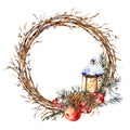 Watercolor Christmas natural wreath of fir branches, red apple, berries, pine cones, lantern, vintajge botanical round frame for