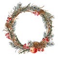 Watercolor Christmas natural wreath of fir branches, red apple, berries, pine cones, vintage botanical round frame for greeting