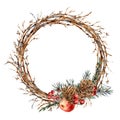 Watercolor Christmas natural wreath of fir branches, red apple, berries, pine cones, vintajge botanical round frame for greeting