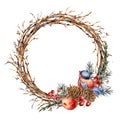 Watercolor Christmas natural wreath of fir branches, red apple, berries, pine cones, winter bird vintage botanical round frame