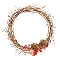 Watercolor Christmas natural wreath of tree branches, red apple, berries, pine cones, vintajge botanical round frame for greeting