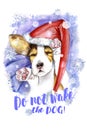 Watercolor for Christmas and new year, dog in santa claus hat, winter hat Royalty Free Stock Photo