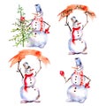 Watercolor Christmas and New Year illustration snowmans set. Isolated hand drawn objects on white Royalty Free Stock Photo