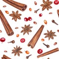 Watercolor Christmas and New Year seamless pattern of cinnamons, star anises, cranberries, sea buckthorn and cloves isolated on