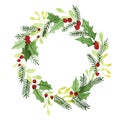 Watercolor Christmas New Year wreath of green leaves and red berries. spruce branches, holly, mistletoe Royalty Free Stock Photo