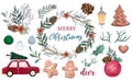 Watercolor Christmas object collection with pine cone,car,wreath,light.Vector illustration for icon,logo,sticker,printable