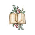 Watercolor Christmas old book decorated with berries, fir branches isolated