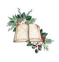 Watercolor Christmas old book decorated with fir branches isolated on white background