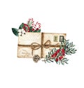 Watercolor Christmas old vintage envelope decorated with berries, fir branches isolated