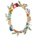 Watercolor Christmas oval frame of toys, cookies, fir branches and bells. Hand painted New Year decor isolated on white