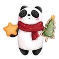 Watercolor christmas panda with christmas cookies illustration. Christmas animal decoration clipart