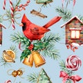 Watercolor Christmas pattern with cardinal and holiday symbols. Hand painted red bird, bells, house, candy cane, pine Royalty Free Stock Photo