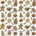 watercolor Christmas pattern gingerbread cookies and tangerines, isolated, white backgroundhand, painting on paper