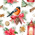 Watercolor Christmas Pattern With Holiday Symbols. Hand Painted Bullfinch, Lantern With Candle, Poinsettia, Holly