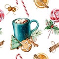Watercolor Christmas pattern with pastry and cacao. Hand painted cookies, cinnamon, cup of cacao with marshmallow, fir