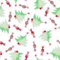 Watercolor Christmas pattern with pink green serpentine, Christmas tree and sweets.