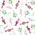 Watercolor Christmas pattern with pink green serpentine, Christmas tree and sweets.