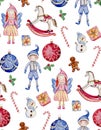 Watercolor Christmas pattern with realistic toy horse, elf, angel, candy and cookie Royalty Free Stock Photo