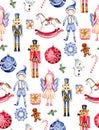 Watercolor Christmas pattern with realistic toys, blue and red colors Royalty Free Stock Photo