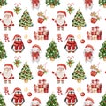 Watercolor Christmas Pattern With Santa Claus, Snowman, Rabbit, Penguin And Other Christmas Elements Isolated On White Background