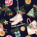 Watercolor Christmas pattern with skates. Hand painted envelope, white scates, bells, candy cane, cookies, gifts, pine