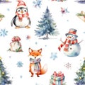 Watercolor Christmas pattern with snowman, fox, penguin, christmas trees and gift boxes isolated on white. Generative ai Royalty Free Stock Photo