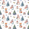 Watercolor Christmas pattern with snowman, fox, penguin, christmas trees and gift boxes isolated on white. Generative ai Royalty Free Stock Photo