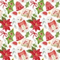 Watercolor Christmas Pattern, Snowman, Gift, Christmas Tree Decor, Poinsettia On White Background.