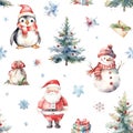 Watercolor Christmas pattern with snowman, Santa Claus, penguin, christmas trees and gift boxes . Generative ai Royalty Free Stock Photo