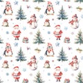 Watercolor Christmas pattern with snowman, Santa Claus, penguin, christmas trees and gift boxes . Generative ai Royalty Free Stock Photo