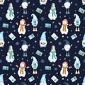 Watercolor Christmas pattern with snowman, scandinavian gnomes, giftes and snowflakes isolated on dark background Royalty Free Stock Photo