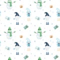 Watercolor Christmas pattern with snowman, scandinavian gnomes, giftes and snowflakes isolated on white background. Hand drawn
