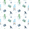 Watercolor Christmas pattern with snowman, scandinavian gnomes, giftes and snowflakes isolated on white background. Hand drawn