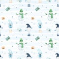Watercolor Christmas pattern with snowman, scandinavian gnomes, giftes and snowflakes on light stripe blue background Royalty Free Stock Photo