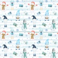 Watercolor Christmas pattern with snowman, scandinavian gnomes, giftes and snowflakes on striped background Royalty Free Stock Photo