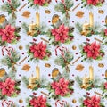 Watercolor Christmas pattern with traditional decor. Hand painte