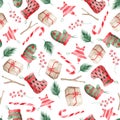 Watercolor Christmas pattern with Christmas tree branches, balls Royalty Free Stock Photo