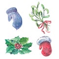 Watercolor christmas pictures. Red mitten, blue mitten, holly and mistletoe.