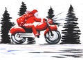 Watercolor Christmas postcard with classical Santa Clause in traditional costume riding red motorcycle against white snow