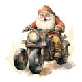 Watercolor Christmas postcard with classical Santa Clause in traditional costume riding red motorcycle against white