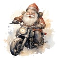 Watercolor Christmas postcard with classical Santa Clause in traditional costume riding red motorcycle against white