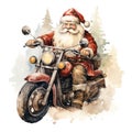 Watercolor Christmas postcard with classical Santa Clause in traditional costume riding red motorcycle against white