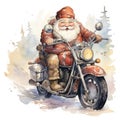 Watercolor Christmas postcard with classical Santa Clause in traditional costume riding red motorcycle against white