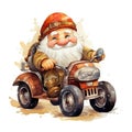 Watercolor Christmas postcard with classical Santa Clause in traditional costume riding red motorcycle against white